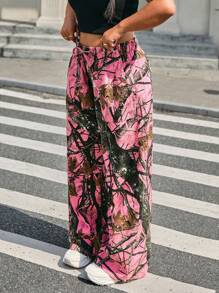 SHEIN ICON Plus Size Women Tree Branch Print Belted Waist Loose Fit Casual Jeans