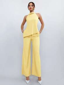 Aloruh Summer Casual Commuting Solid Color Backless Halter Neck Top + Pants Set - Yellow - View 7