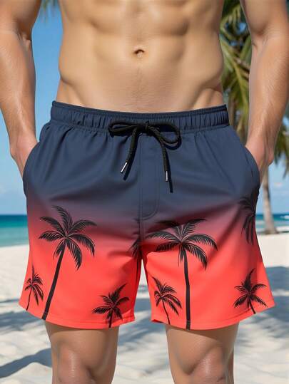 Manfinity Swimmode صندل شاطئ بطبعة شجرة جوز الهند الملونة للرجال، سروال سباحة كاجوال على الطراز الهاواي للعطلات