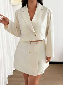 SHEIN Clasi Plus Size Women Double Breasted Short Blazer And Skirt 2 Pieces Set Graduation,Back To School,Teacher Outfits For Women - Apricot - View 5