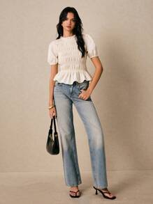 Poéselle Women's Shirts Pleated Shirts Waisted Ruffles Apricot Shirts Cute Shirts Women's Solid Color Short Sleeve Blouse, Fashionable For Summer Blouse Y2k Streetwear Going Out Outfits Casual Women Outfits Summer Women Tops Boho Tops - Apricot - View 3