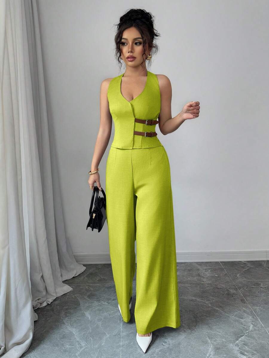 Elenzga Elegantes, einzigartiges Business Lässig Set für Damen mit ärmelloser Weste mit V-Ausschnitt, Lederknöpfen, Taillenbindung und geraden Hosen, Unifarben, geeignet für Dates, Büro