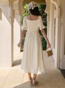 DAZY Square Neck Puff Sleeve Lace Ruffle Hem A-Line Midi Dress For Women,Casual Women Dresses - Beige - View 2