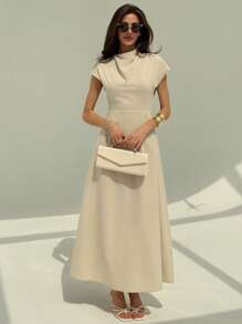 Aloruh New Minimalist Asymmetrical Neck Short Sleeve Ruched Decor High Waisted A-Line Midi Dress, Commuting Versatile,Graduation Dresses