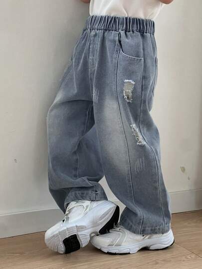 Hapijoa 超大号破洞时尚牛仔裤，适合年轻男孩，适合春夏季