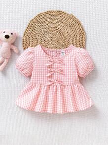 SHEIN Baby Girls Pink Plaid Puff Sleeve Short Sleeve Top, Summer - Pink - View 4
