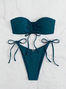 SHEIN Swim 纯色比基尼泳装，无肩带 - 水鴨藍 - 查看 3