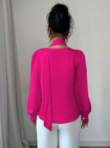 Elenzga 1 pieza Camisa elegante de mujer de manga larga con flor 3D de unicolor, perfecta para el viaje al trabajo - Rosa Fucsia - Ver 2
