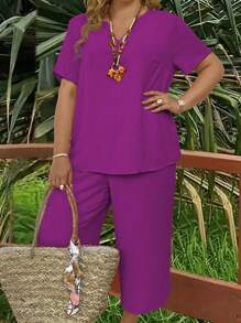 大码度假休闲纯色 V 领上衣和裤子 2 件套 - 紫羅蘭色 - 查看 5