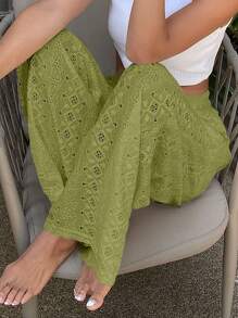 Livesso Women Vacation Batik Embroidered Elastic Waist Casual Pants - Olive Green - View 3