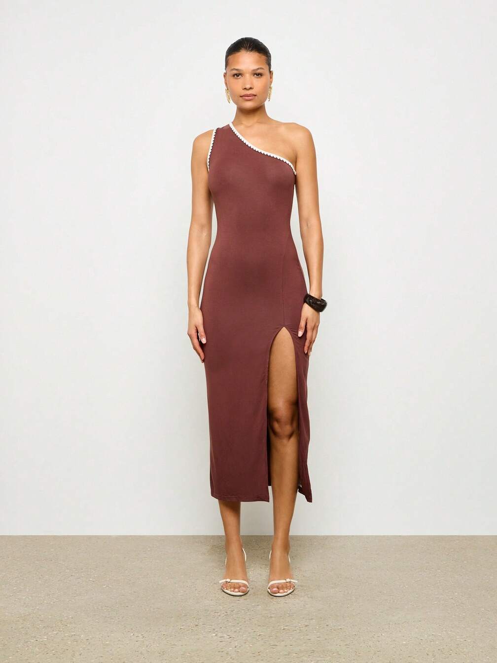 one shoulder crochet dress ASOS DESIGN Tall knit crochet one shoulder maxi dress in stone