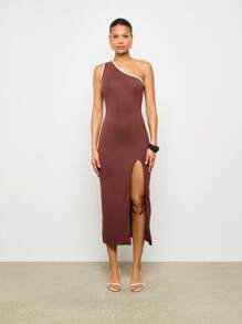AiiRZ Vestido longo de crochê com um ombro e fenda lateral - Castanho - Ver 1