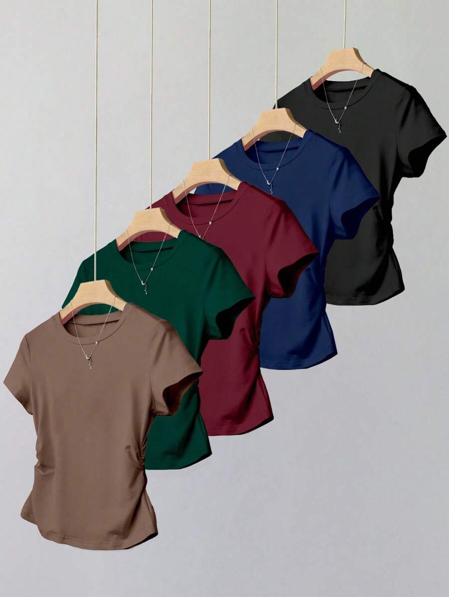 Sparklyn 5pcs Teen Girl Casual & Versatile Minimalist Short Sleeve T-Shirt Tops Set