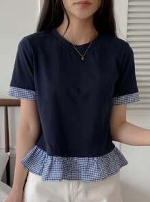 DAZY 女士格子拼布圆领休闲短袖T恤 - 藏蓝色 - 查看 8