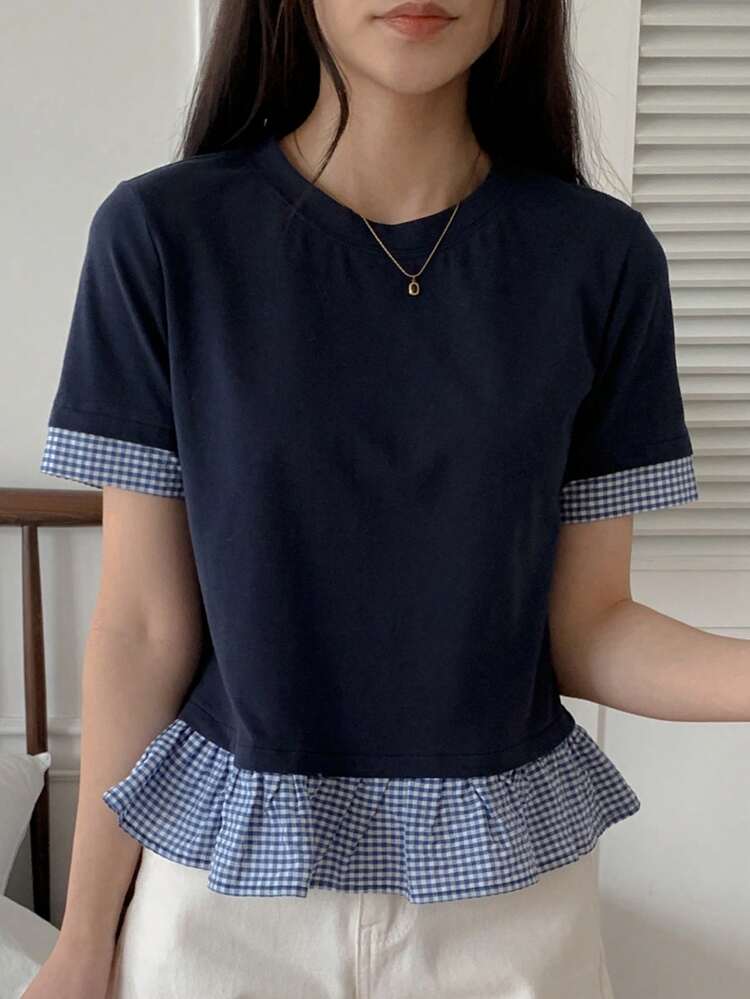 Women's Plaid Patchwork Round Neck Casual Short Sleeve T-Shirt