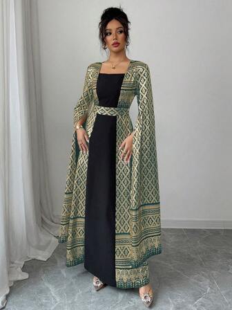 Rafferiza Fashionabla eleganta fyrkantiga krage puffärm folietryck vår/sommar lång klänning