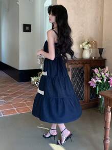 DAZY Women's Denim Lace Patchwork Spaghetti Strap Denim Dress