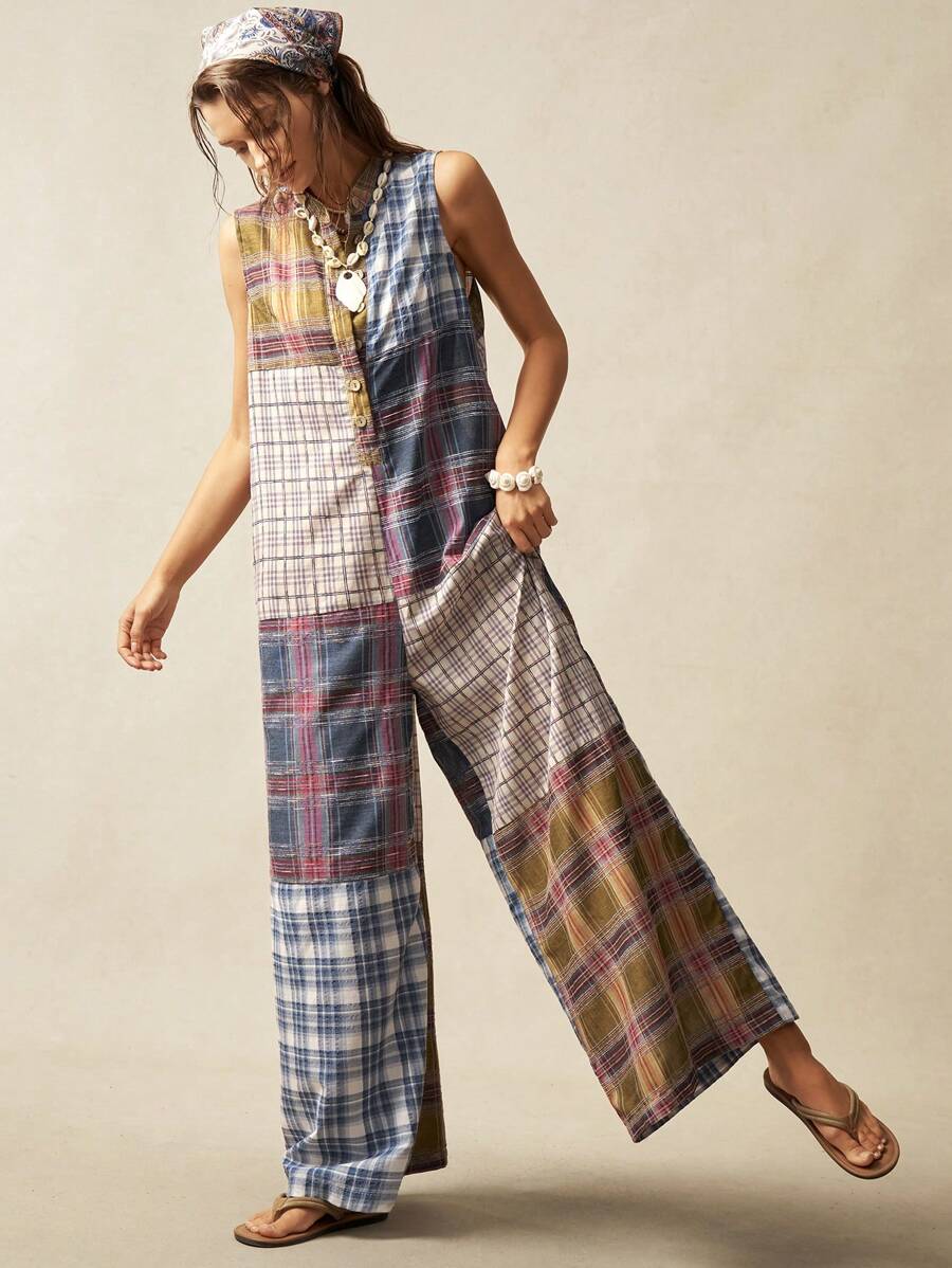 Bohemela Plus Size Plaid Patchwork Sleeveless Casual Jumpsuits