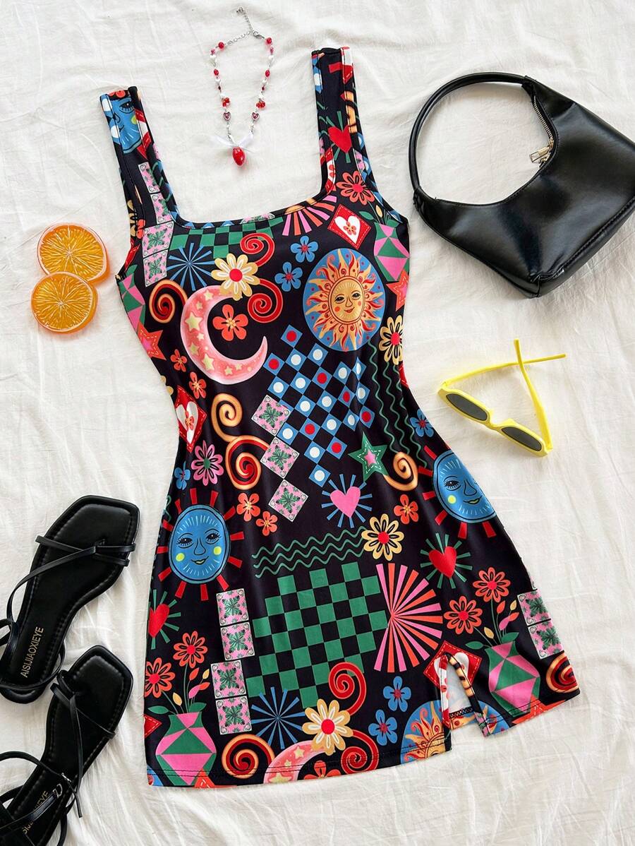 Soleia 休闲印花 V 领露背女式迷你连衣裙，适合度假、音乐节、波西米亚风、节日约会和下午茶