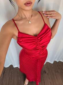 Elenzga Women's Elegant Summer Red Satin Party Dress, Vintage Ruffled Strap Backless Sleeveless A-Line High Cinched Waist Mid-Length Casual Dress - Red - View 5