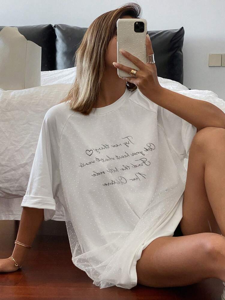 Women's Mesh Patchwork Loose Short Sleeve T-Shirt,Graphic Tees