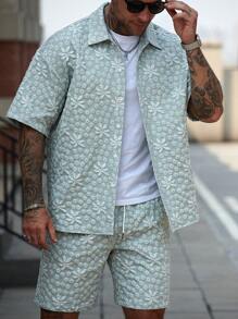 Manfinity RSRT 灵感源自 INS 风格的春夏男士度假休闲装，提花纽扣衬衫和裤子套装，舒适装扮 - 薄荷綠 - 查看 5