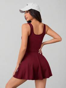 SHEIN PETITE Women's Burgundy Knitted Sleeveless Square Neck Backless Short Unitard Dress: Stretchy And Stylish
