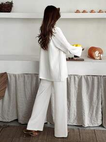 EURMUSE Two Pieces Ultra High Waist Wide Leg Pants & Matching Kimono Set – Relaxed Fit, Textured Fabric, With A Self-Tie Belt For Effortless Chic & Timeless Elegance Women Summer Clothing Woman S Summer Clothes Women S Clothes - White - View 2