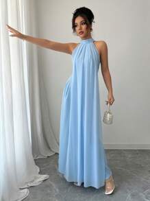 Rafferiza 女士浅蓝色露背优雅长款太阳裙，春夏 - 藍色 - 查看 7