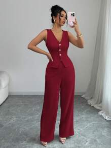 Elenzga 女士优雅无袖背心和裤子套装，商务/通勤风格，夏季 - 酒紅色 - 查看 6