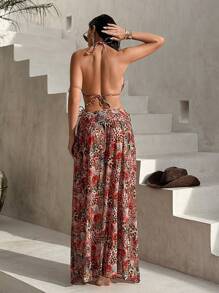 SHEIN Swim 3 pezzi set da bagno: top a triangolo senza ferretto con stampa casuale, pantaloncini da bagno con lacci laterali e pareo lungo in rete, costume da bagno da donna per vacanze estive in spiaggia