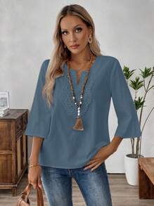 EMERY ROSE Women's Solid Color V-Neck Mid Long Sleeve Casual Tops, Simple Everyday Wear - Blue - View 4