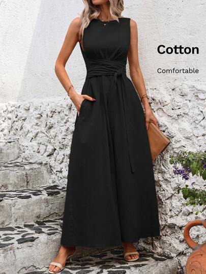 Solivie Summer Casual Sleeveless Long Dress With Overlapping Cinched Waist Waist