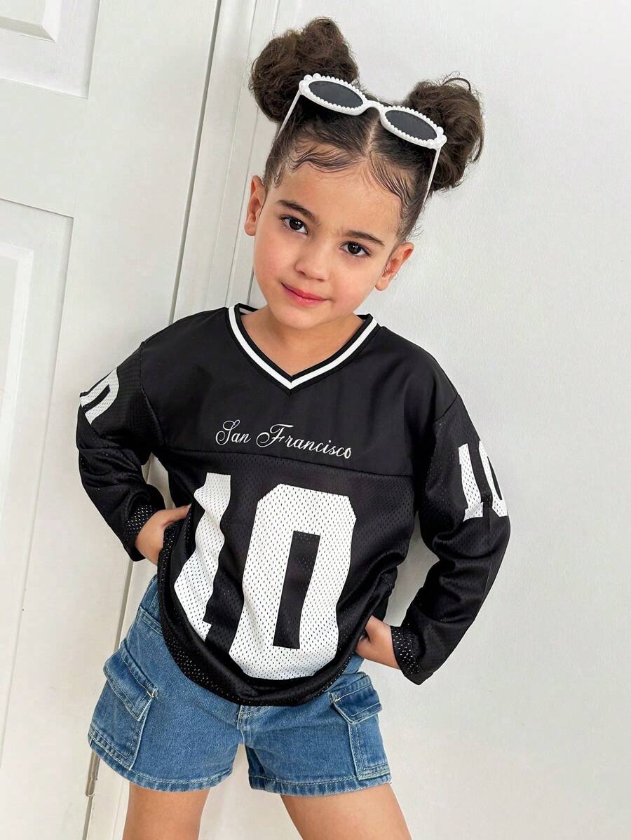 Matching Mom & Sis Young Girls' Casual All-Match Versatile Street Fashion Vintage Mixture Sporty Black & White Ribbed V-Neck Raglan Oversized T-Shirt, Suitable For Street Wear,Holiday,Summer,Travel - Multicolor - View 1