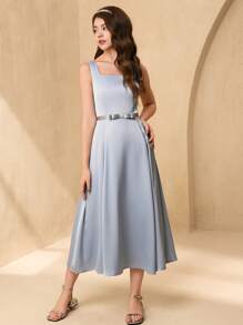 SHEIN 少女四季优雅婚礼花童礼服、伴娘闪亮缎面无袖连衣裙、奢华高低下摆公主裙 - 淺藍色 - 查看 4