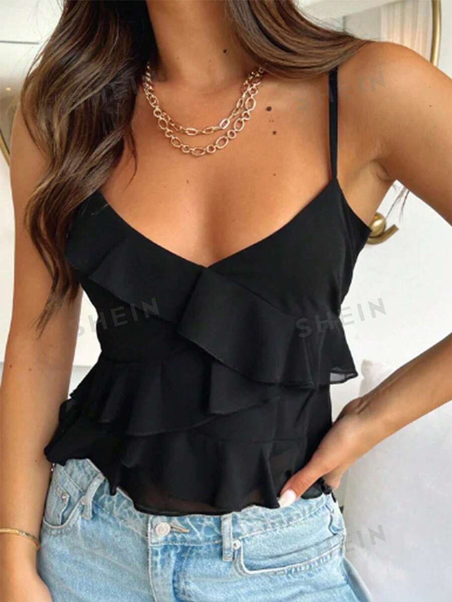 Flirla Blusa Sin Mangas De Mujer Con Dobladillo De Volantes Y Color Sólido