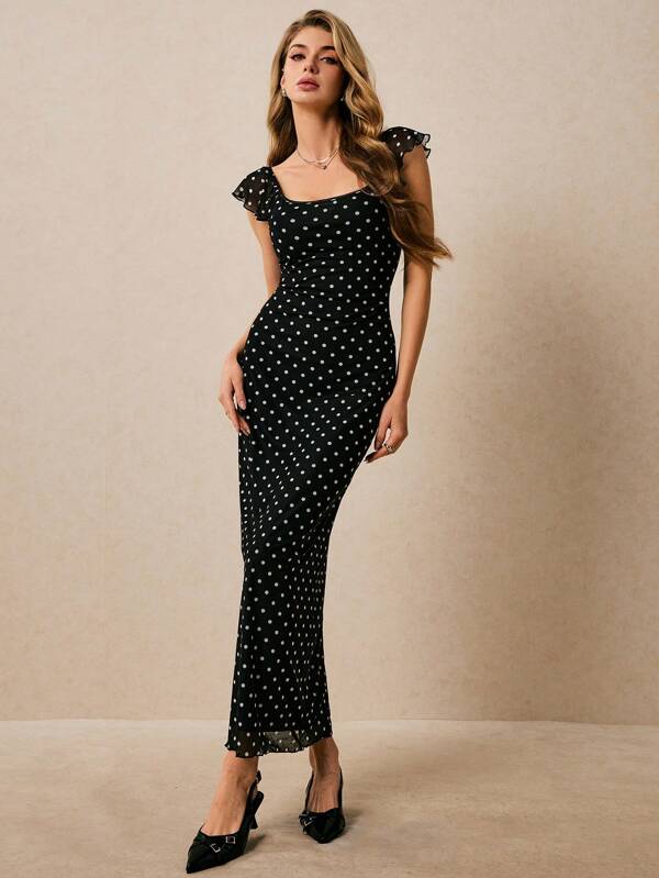 Poéselle Women's Polka Dot Print Square Neck Cap Sleeve Fitted Dress, Elegant Dresses For Wedding Event