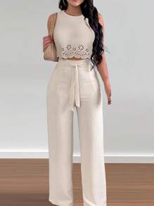 INAWLY Bộ đồ nghỉ dưỡng thanh lịch cỡ lớn dành cho nữ 2 món: Áo cổ tròn buộc dây rỗng và quần ống đứng - Màu be - Xem 3