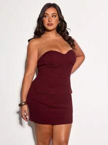 SHEIN BAE Vestito mini da donna taglia comoda color borgogna senza spalline, adatto per festival musicali estivi