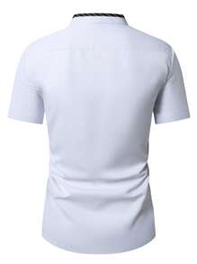 Manfinity Mode 男士夏季休闲条纹拼布短袖衬衫 - 白色 - 查看 2