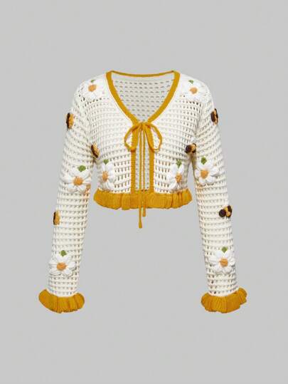 Kawaii Women's Countryside Style Crochet Bee & Floral Lightweight Cardigan, Summer