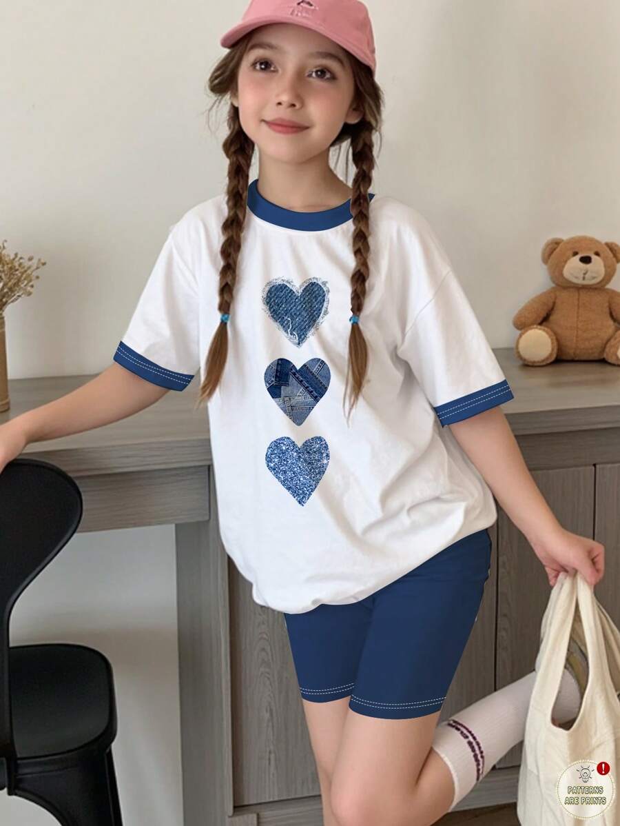 SHEIN Leap Crew 2 bucăți/Set Set de tricou și pantaloni scurți cu mânecă scurtă și ocazional pentru fetiță, cu model de inimă, potrivit pentru vară - Multicolor - Vizualizare 1