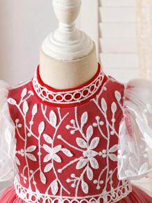 Baby Girl Floral Embroidery Mesh Ruffle Sleeve Cute Dress,Holiday,Summer, Travel - Red - View 8