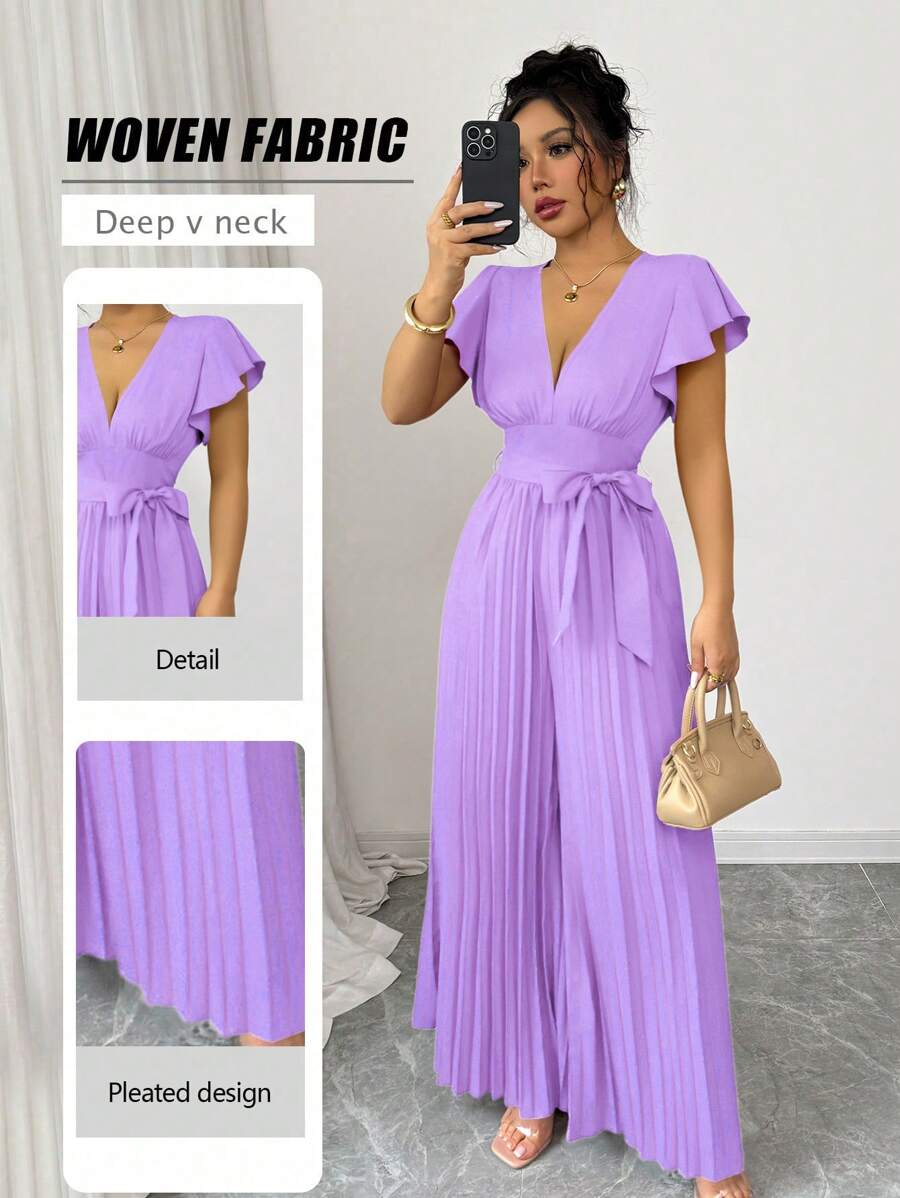 Elenzga New Women V-Neck Ruffled Sleeve Pleated Wide Leg Jumpsuit With Waist Cincher, Daily Casual Commuting Party Dating Young Elegant Slimming Jumpsuit - Purple - View 1