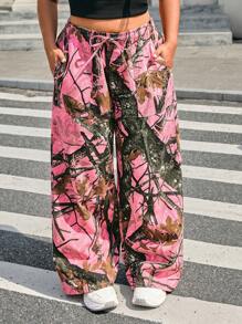 SHEIN ICON Plus Size Women Tree Branch Print Belted Waist Loose Fit Casual Jeans