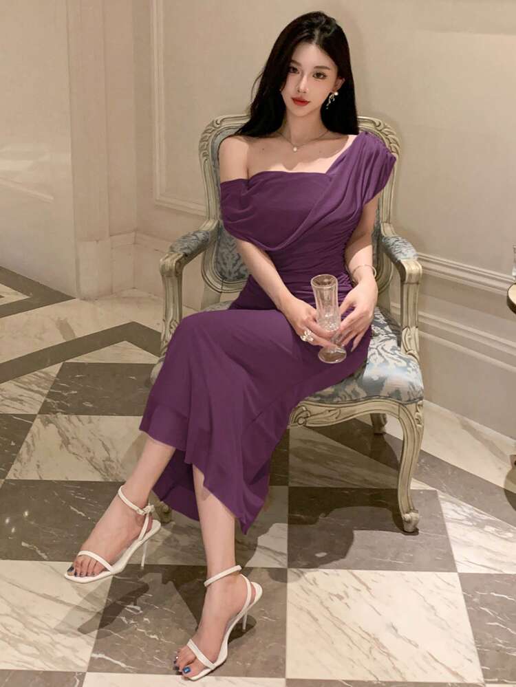 Vestido Midi Elegante de Manga Curta com Ombro Assimétrico e Cor Sólida para Convidada de Casamento, Verão, Vestido de Casamento, Vestido de Formatura