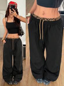 Coolane Quần dù cạp trễ phối màu họa tiết da báo thể thao Y2K dành cho lễ hội mùa hè dành cho phụ nữ - màu đen - Xem 3