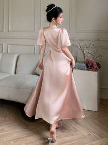 DAZY Women's Champagne Pink Lace Patchwork Square Neck Satin Crepe Elegant Mid-Length Dress,Summer Formal Wedding Ninang Prom Maxi Dresses Party Gown - Pink - View 3