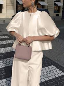 INAWLY Women's Solid Color Crew Neck Loose Short Puff Sleeve Blouse