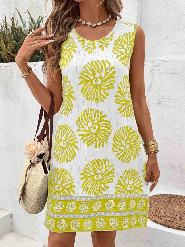 EMERY ROSE Plus-size dames casual minimalistische grafische print ronde hals mouwloze jurk, geschikt voor de zomer